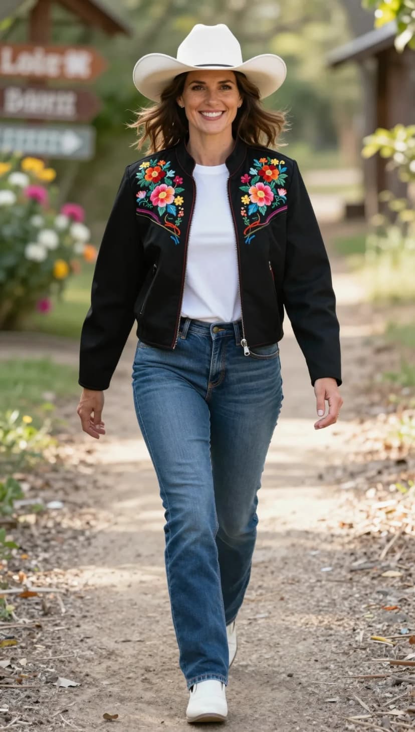 Black Embroidered Bomber Jacket + White Crew Neck T-Shirt + Medium Wash Straight Leg Jeans + White Loafers