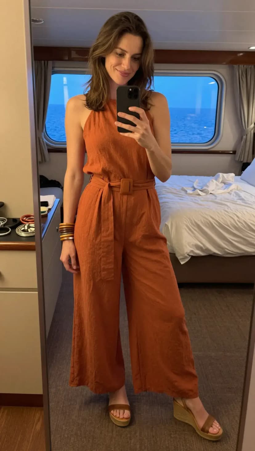 Terracotta Linen Jumpsuit + Brown Leather Wedge Sandals + Tortoiseshell Bangles