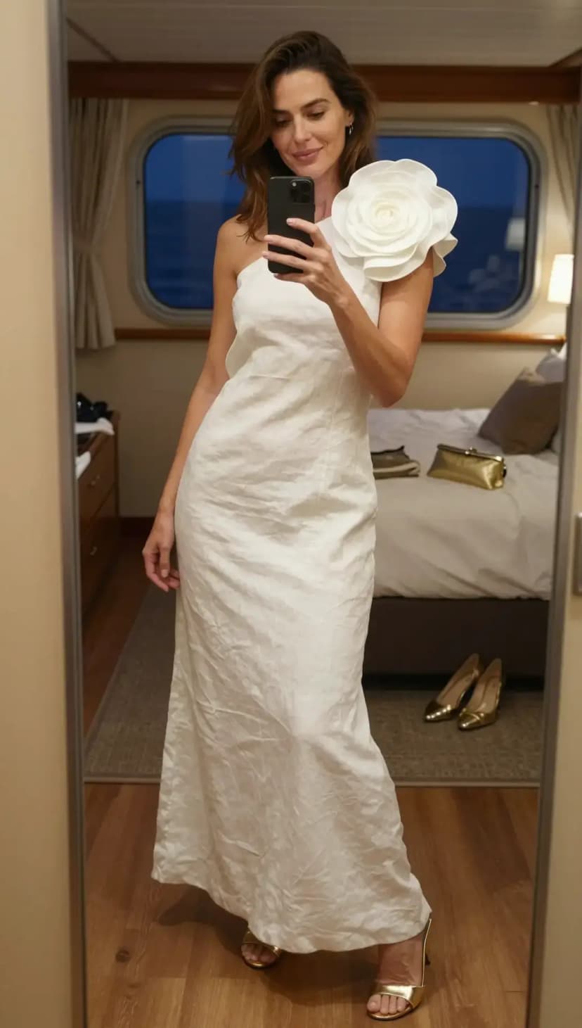 White Linen One-Shoulder Maxi Dress + Gold Strappy Heels + Gold Clutch