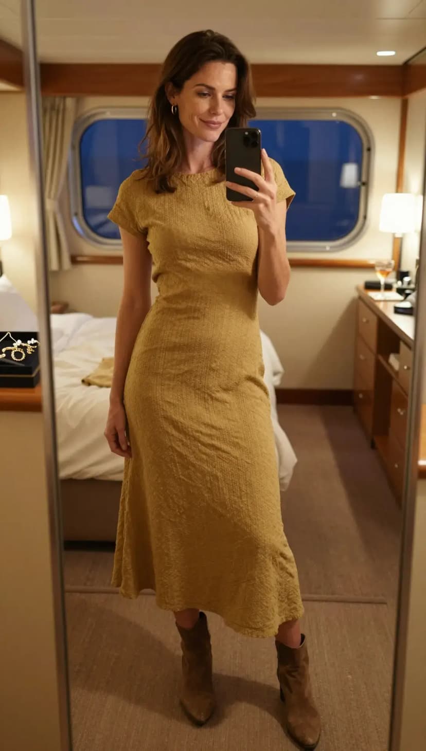 Mustard Textured Knit Midi Dress + Brown Suede Ankle Boots