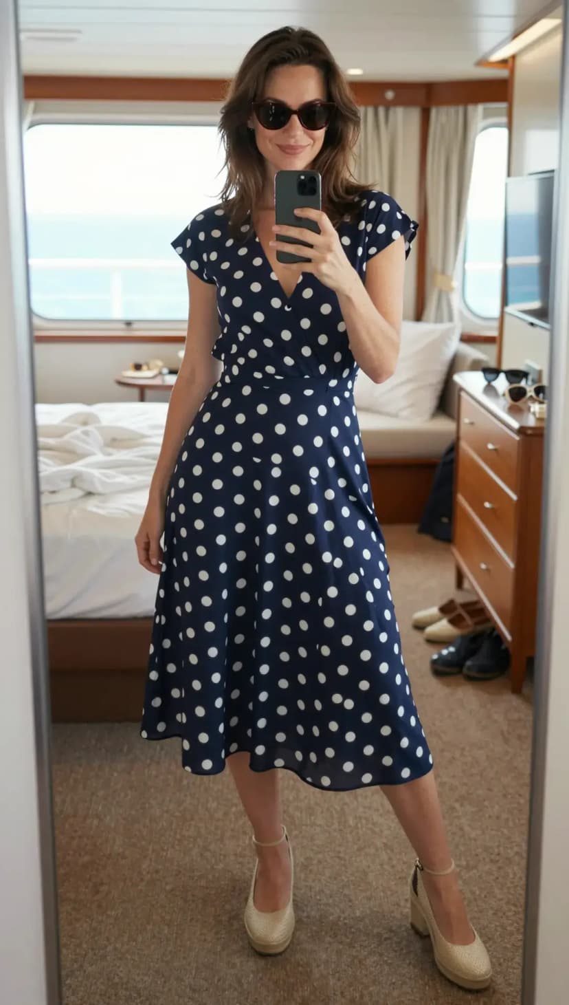 Navy Polka Dot Jersey Dress + Cream Woven Platform Heels