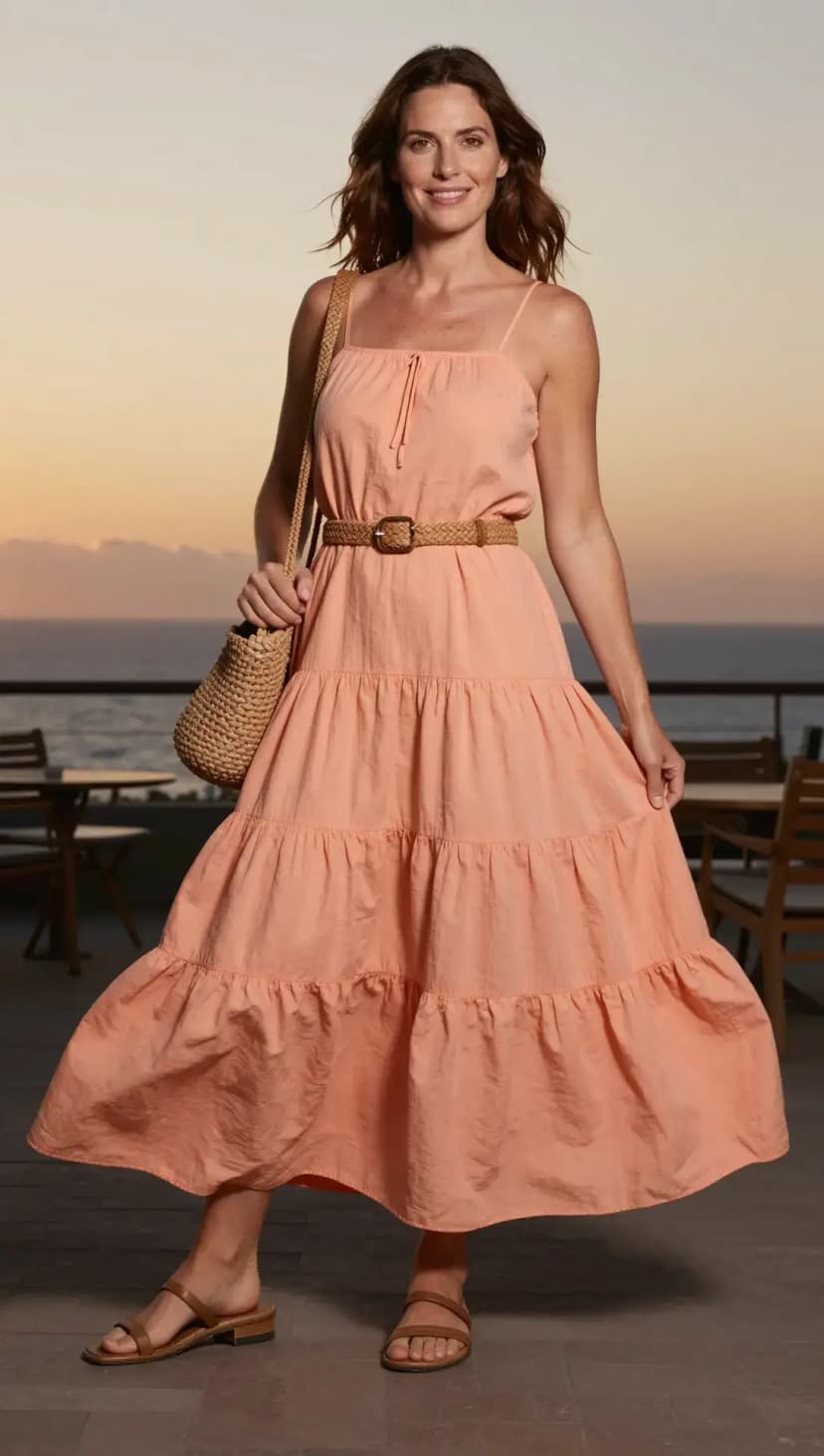 Peach Cotton Maxi Dress + Tan Woven Belt + Tan Leather Slides + Straw Crossbody Bag