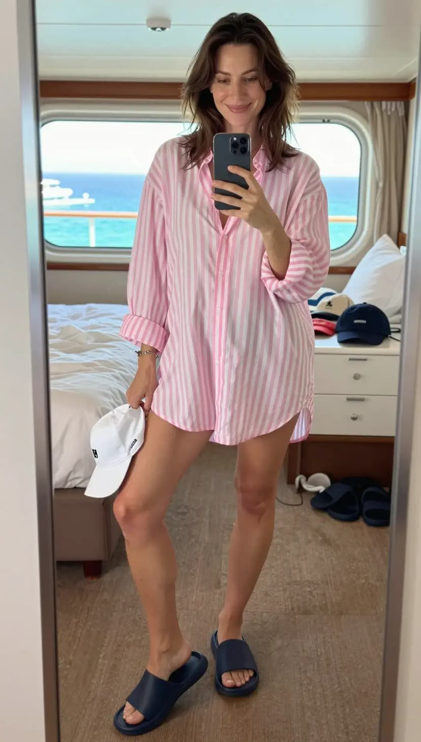 Pink and White Striped Cotton Oversized Shirt + Navy Slides + White Baseball Cap