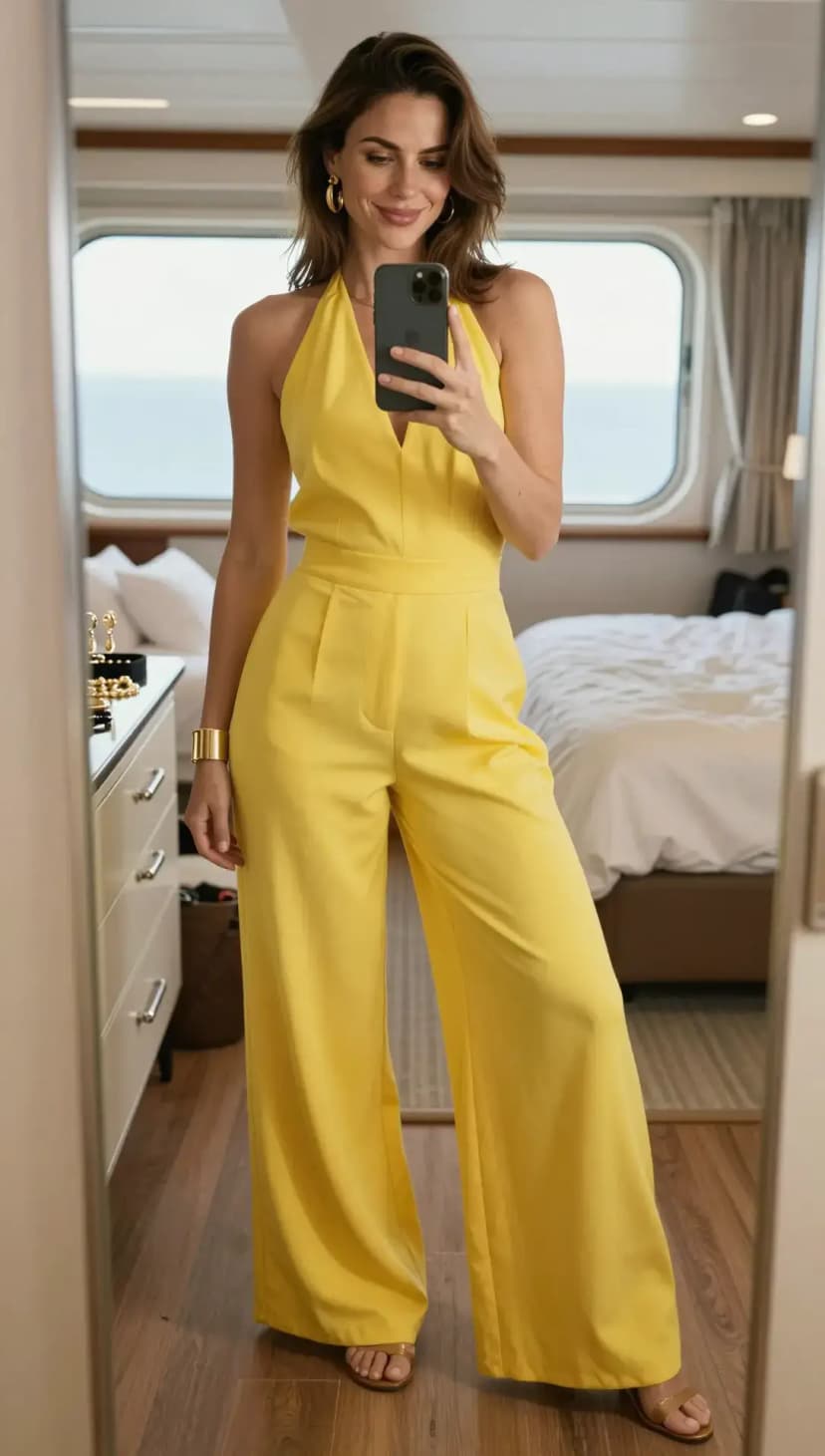 Yellow Halter Neck Wide Leg Jumpsuit + Gold Flat Sandals + Gold Cuff Bracelet