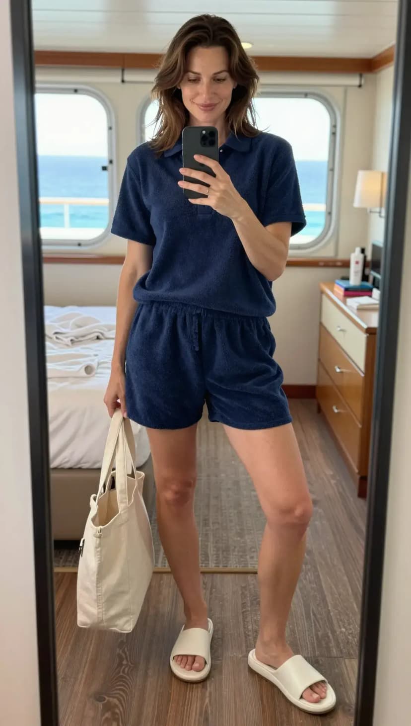 Navy Terry Cloth Polo Top + Navy Terry Cloth Shorts + White Slides + Cream Canvas Tote