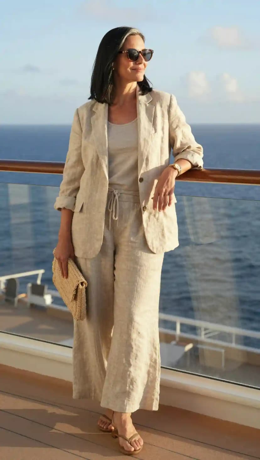 Beige Linen Blazer + Beige Linen Trousers + Beige Tank Top