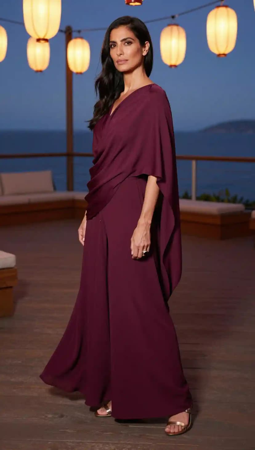 Maroon Cape Jumpsuit + Gold Strappy Sandals