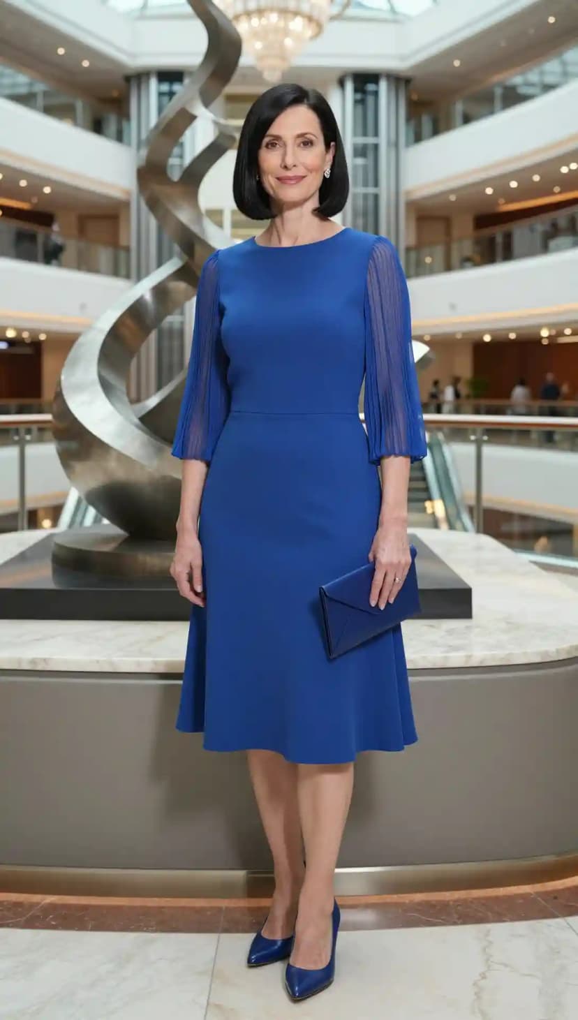 Royal Blue Midi Dress + Matching Envelope Clutch + Pointed-Toe Heels