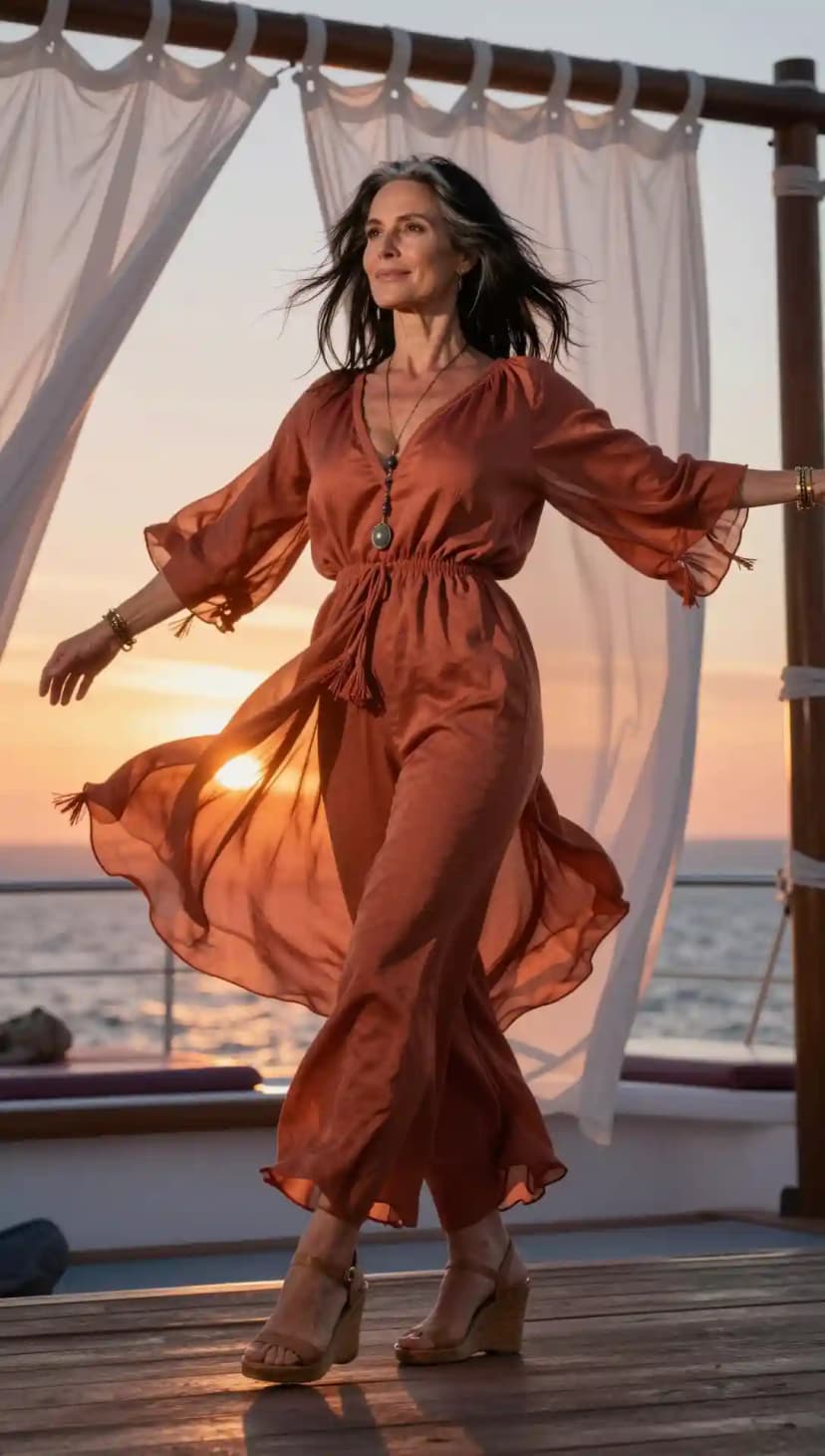 Rust Orange Wide-Leg Jumpsuit + Wedge Sandals