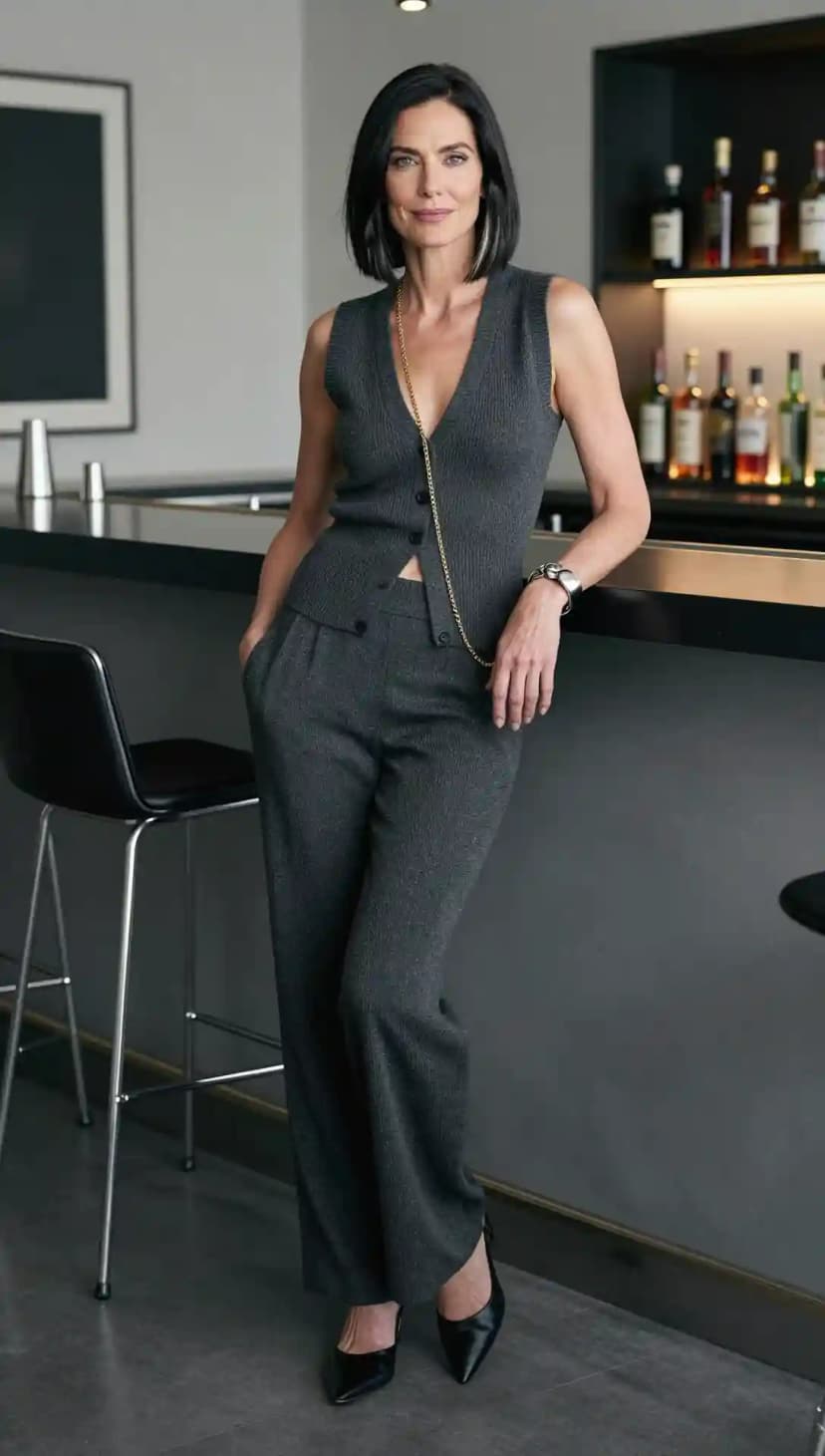 Dark Grey Knit Sleeveless Vest + Dark Grey Wide-Leg Knit Pants