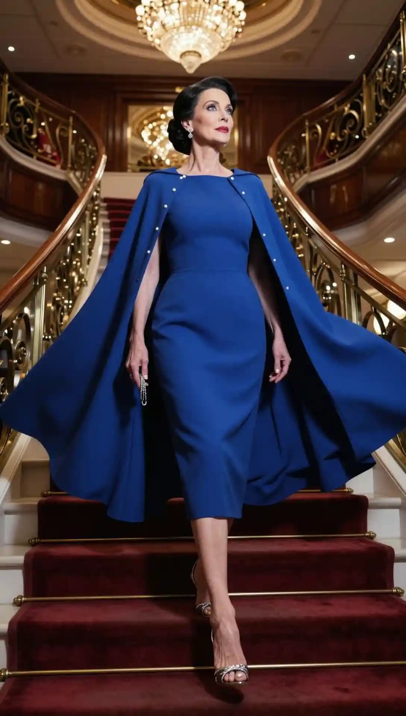 Royal Blue Cape Dress + Pearl Embellishments + Diamanté Heels