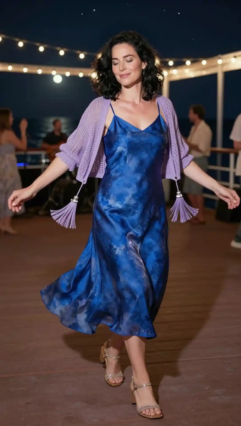 Blue Tie-Dye Slip Dress + Lavender Cropped Cardigan