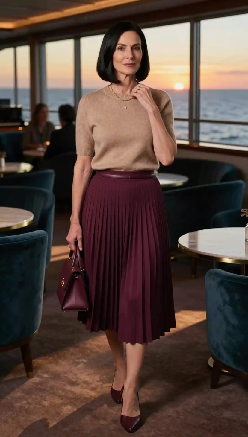 Beige Short-Sleeve Sweater + Burgundy Pleated Midi Skirt + Burgundy Heels