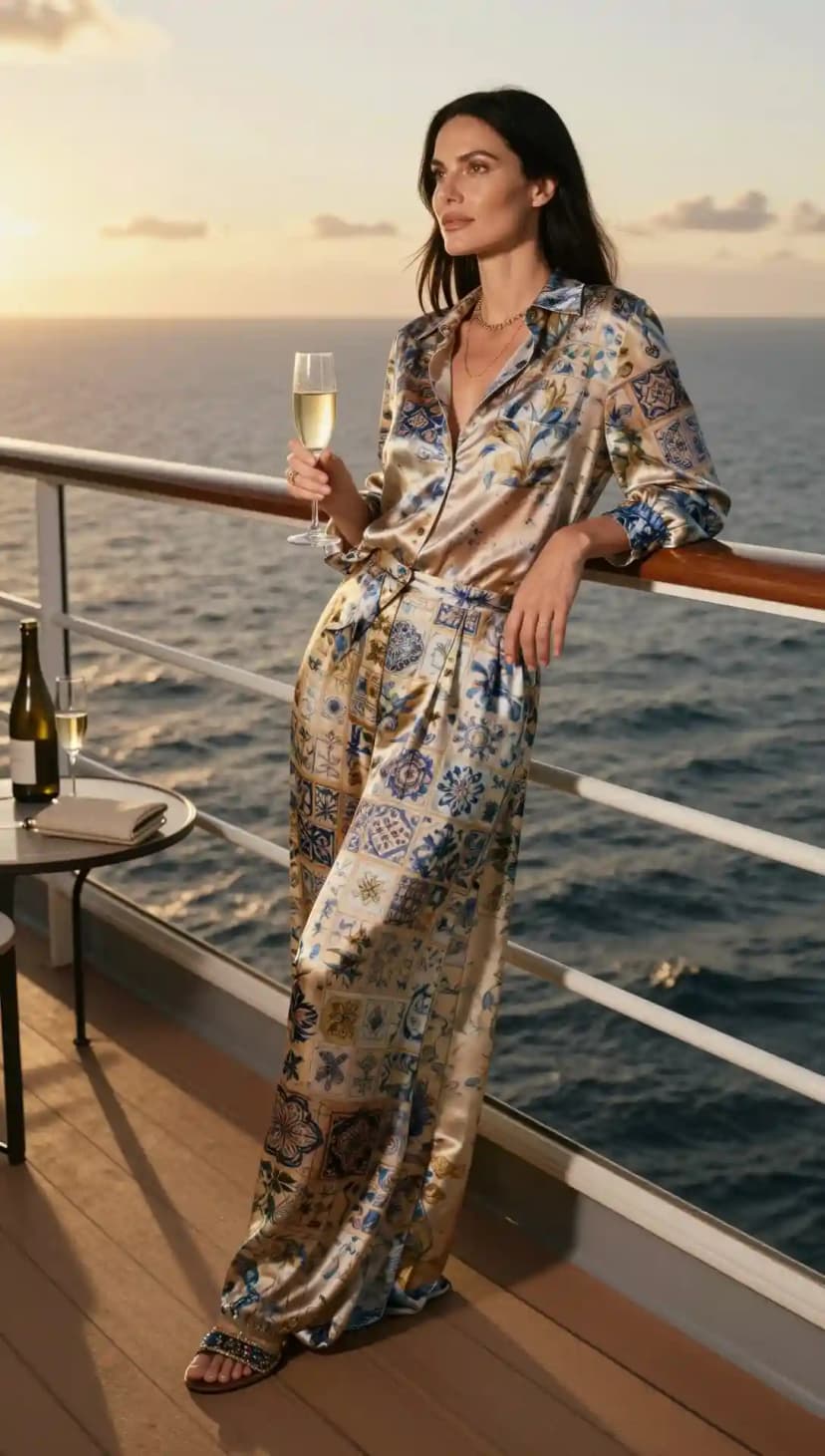 Satin Printed Pajama-Style Set + Embellished Sandals