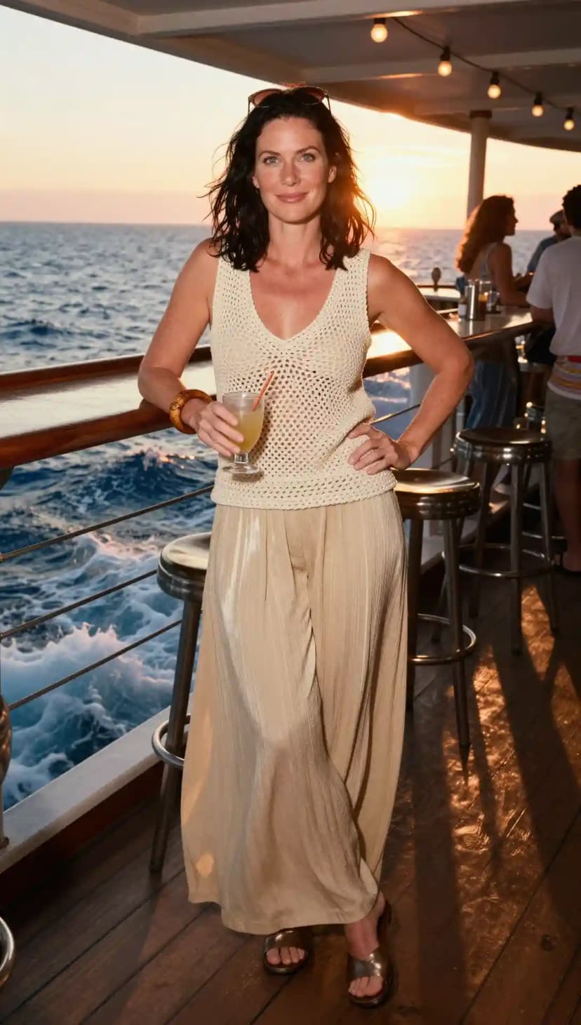 Cream Crochet Tank Top + Beige Wide-Leg Pants + Gold Flat Sandals