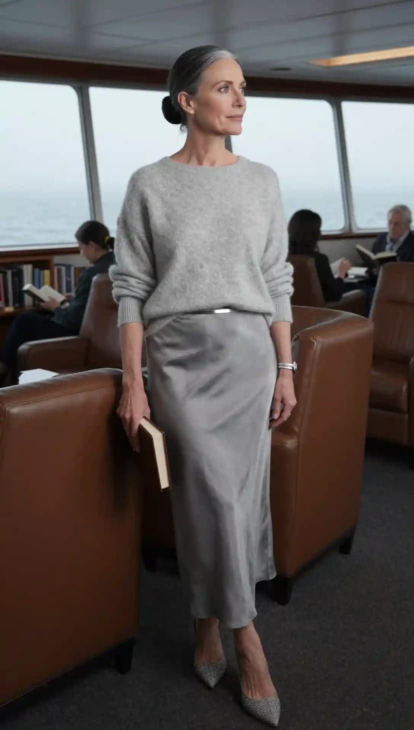 Grey Cashmere Sweater + Silver Satin Skirt + Sparkly Heels
