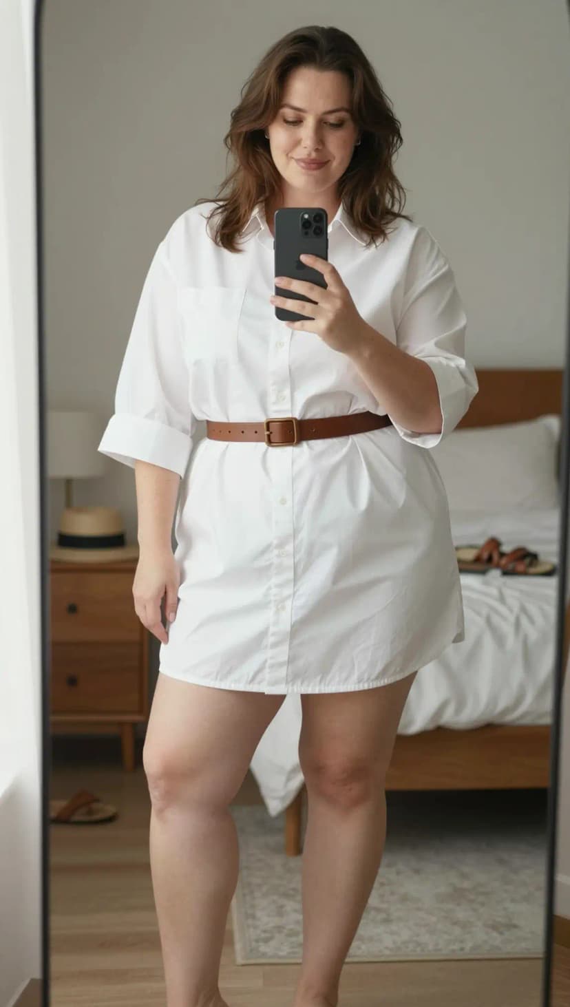 White Cotton Oversized Shirt Dress + Brown Leather Belt
