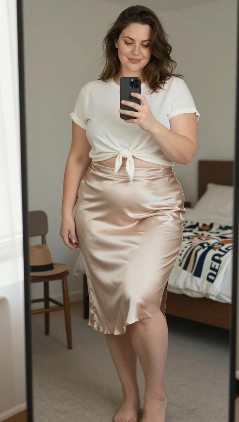 White Cotton T-Shirt + Champagne Satin Midi Skirt