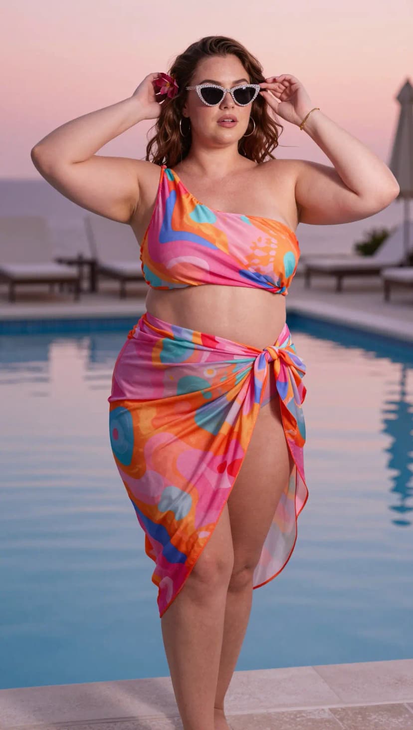 Pink Abstract Print One-Shoulder Bikini Top + Pink Abstract Print Sheer Sarong