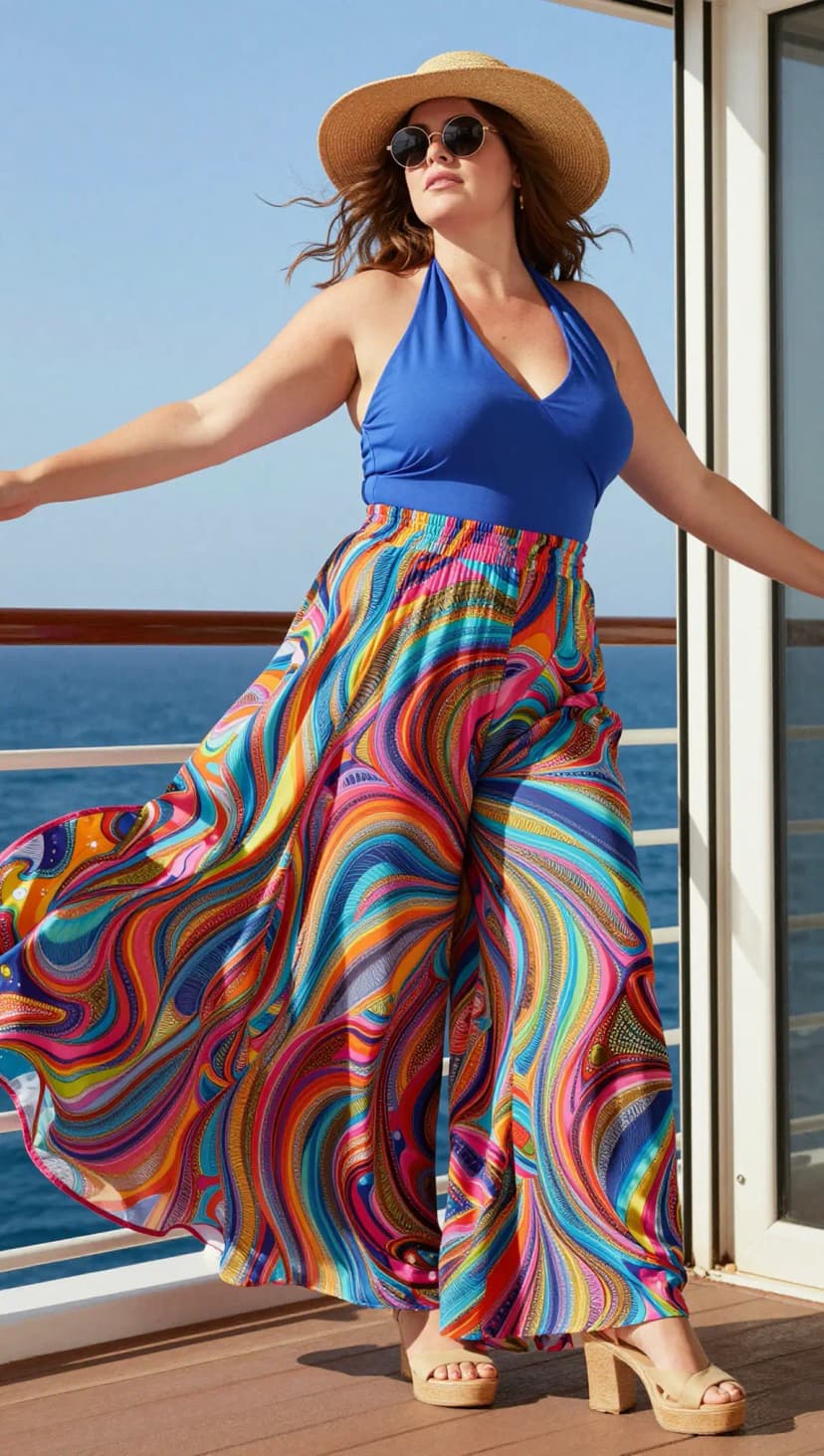 Blue Halter Neck Bodysuit + Rainbow Swirl Print Wide Leg Pants