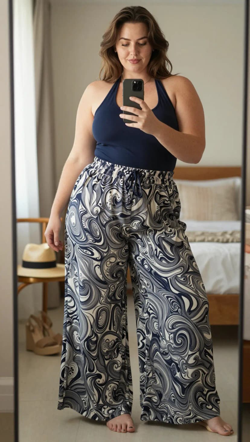 Navy Halter Neck Tank + Navy and White Swirl Print Wide Leg Pants