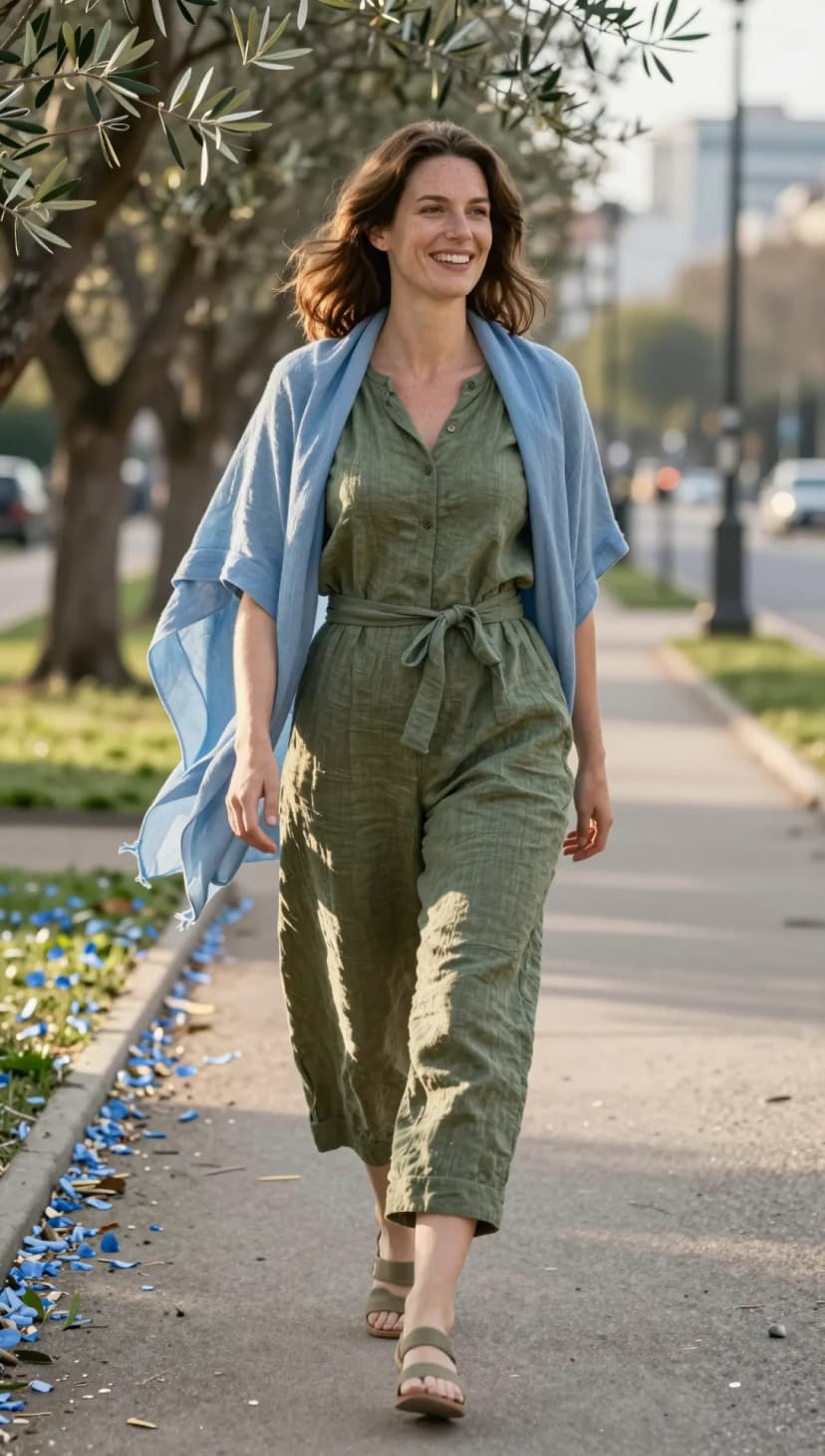 Olive Gauze Jumpsuit + Sky Blue Gauze Scarf + Olive Flat Sandals