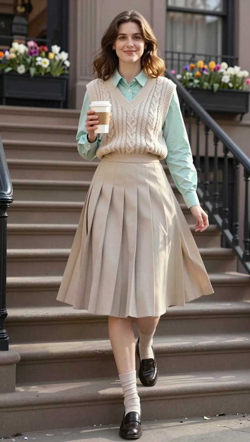 Mint Button-Down Shirt + Cream Cable Knit Vest + Beige Pleated Midi Skirt + Black Loafers