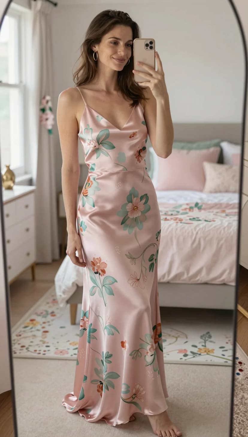 Pink Floral Satin Maxi Dress