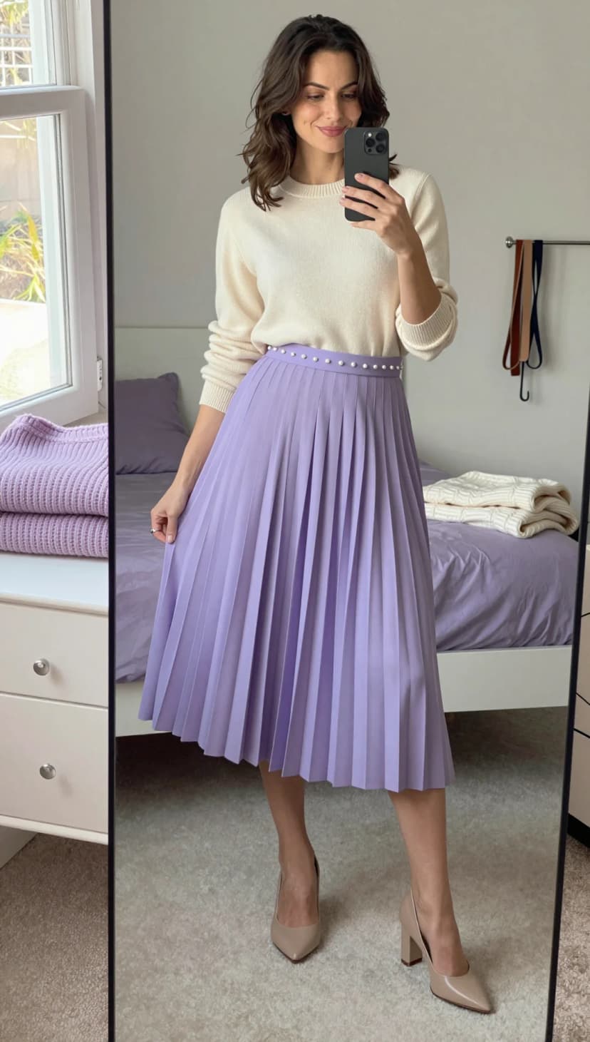 Cream Knit Sweater + Lavender Pleated Midi Skirt + Nude Block Heels