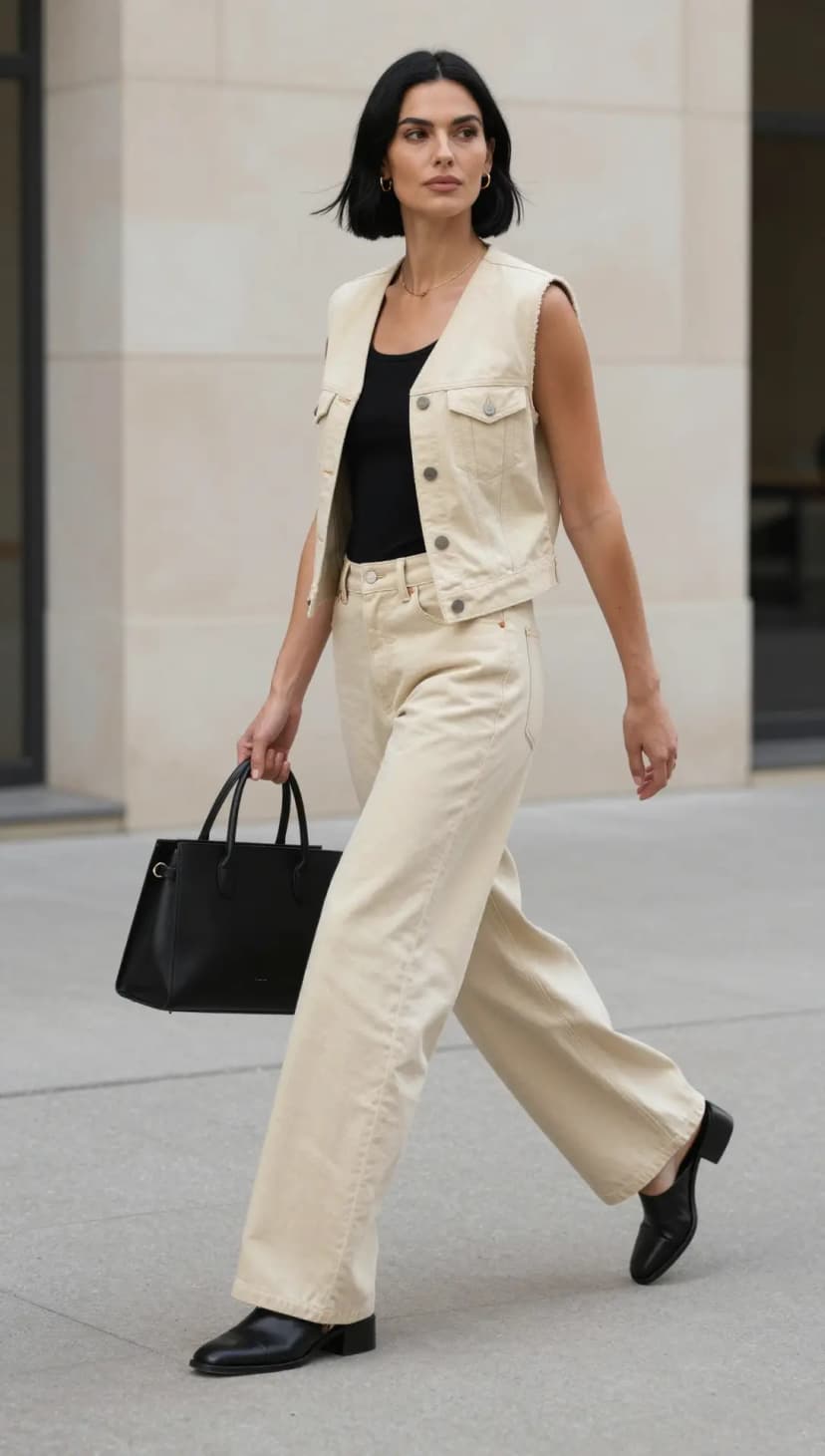 Cream Denim Vest + Black Ribbed Tank Top + Cream Wide-Leg Jeans + Black Leather Mules