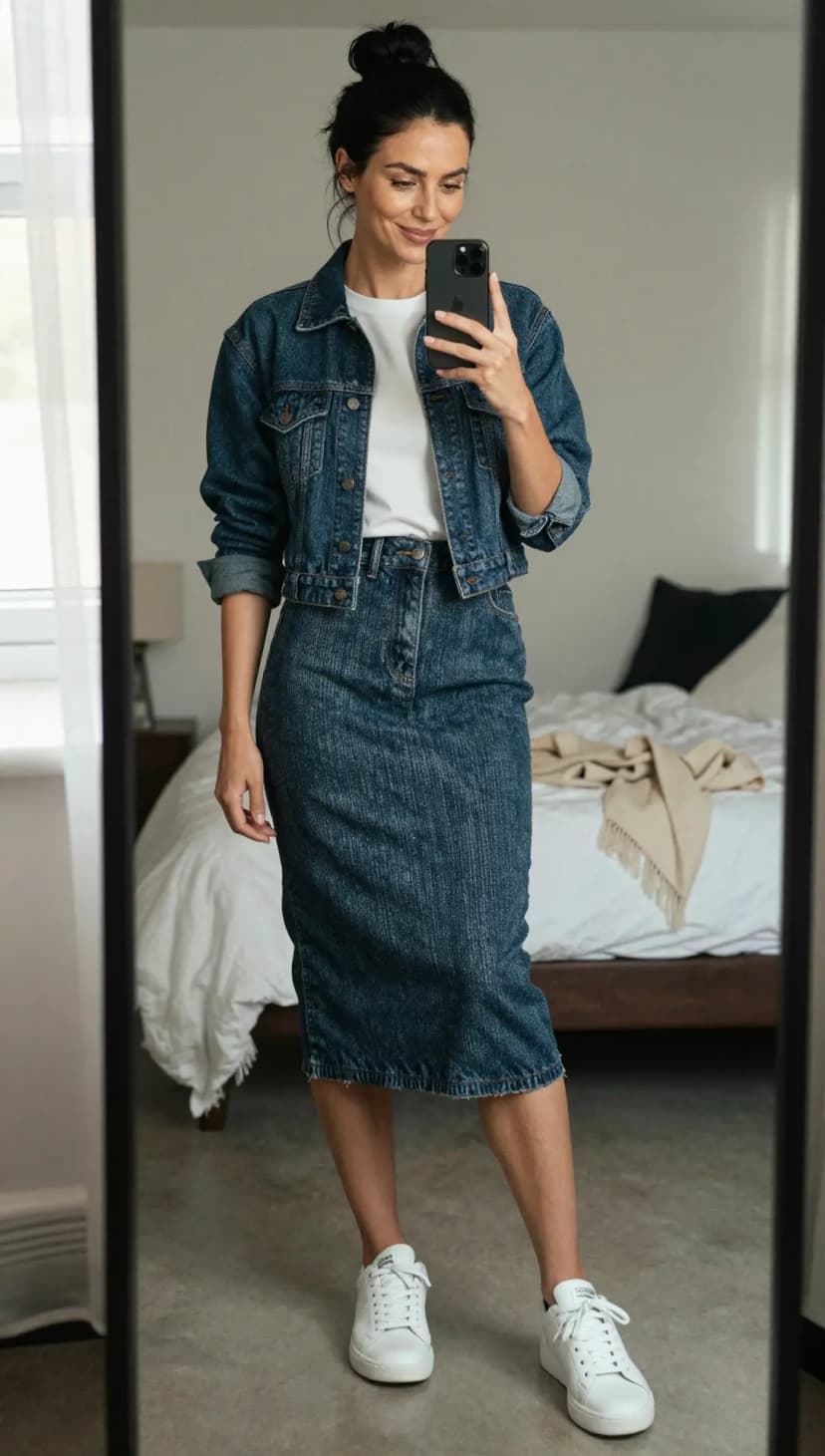Medium Wash Denim Cropped Jacket + White Cotton T-Shirt + Medium Wash Denim Midi Skirt + White Leather Sneakers
