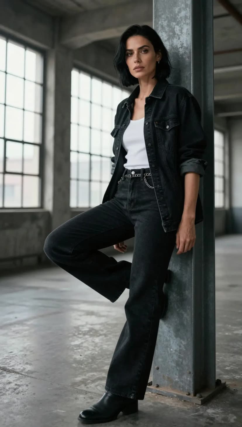 White Crew Neck Tank + Black Denim Jacket + Black Wide Leg Jeans + Silver Chain Belt + Black Leather Boots
