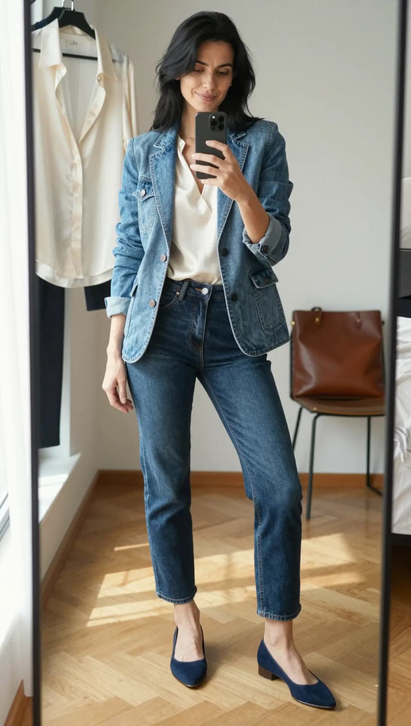 Ivory Silk Blouse + Medium Wash Denim Blazer + Medium Wash Straight Leg Jeans + Navy Suede Block Heels