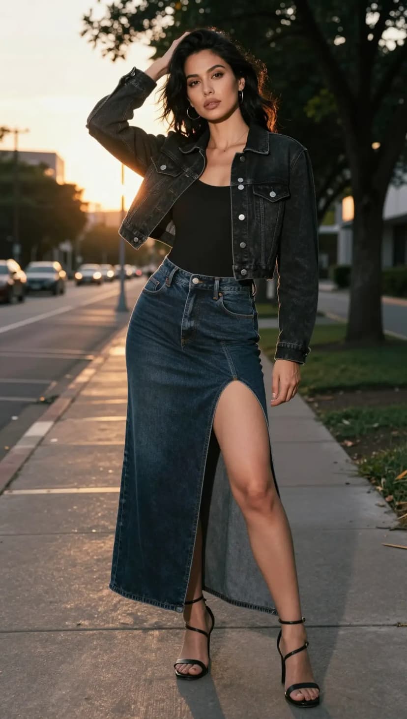 Black Denim Cropped Jacket + Black Ribbed Tank Top + Dark Wash Denim Maxi Skirt