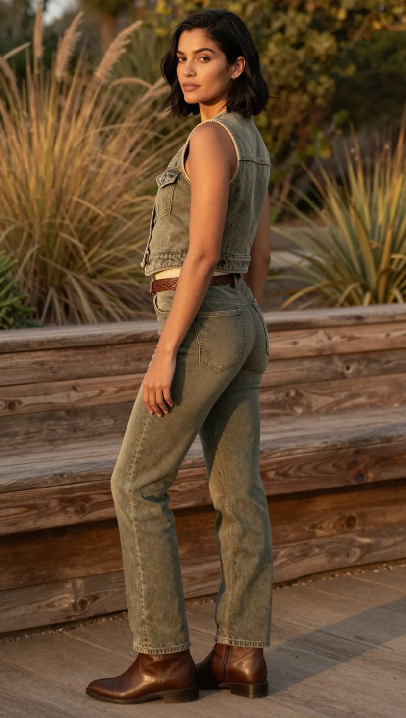 Olive Denim Cropped Vest + Olive Denim Straight Leg Jeans + Brown Leather Ankle Boots