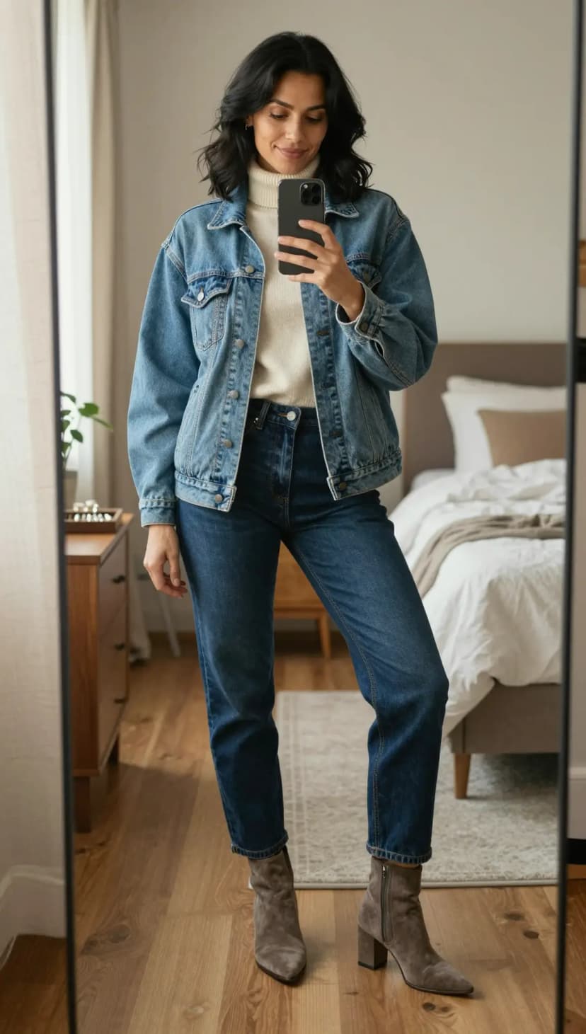 Cream Knit Turtleneck + Light Wash Denim Jacket + Dark Wash Straight Leg Jeans + Taupe Suede Ankle Boots