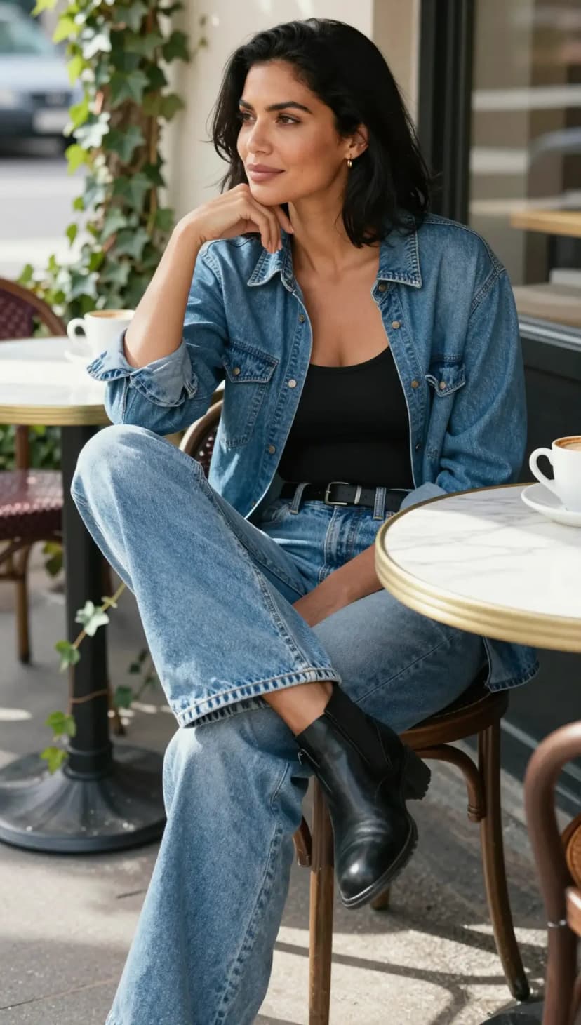 Medium Wash Denim Overshirt + Black Tank Top + Light Wash Wide Leg Jeans + Black Leather Ankle Boots