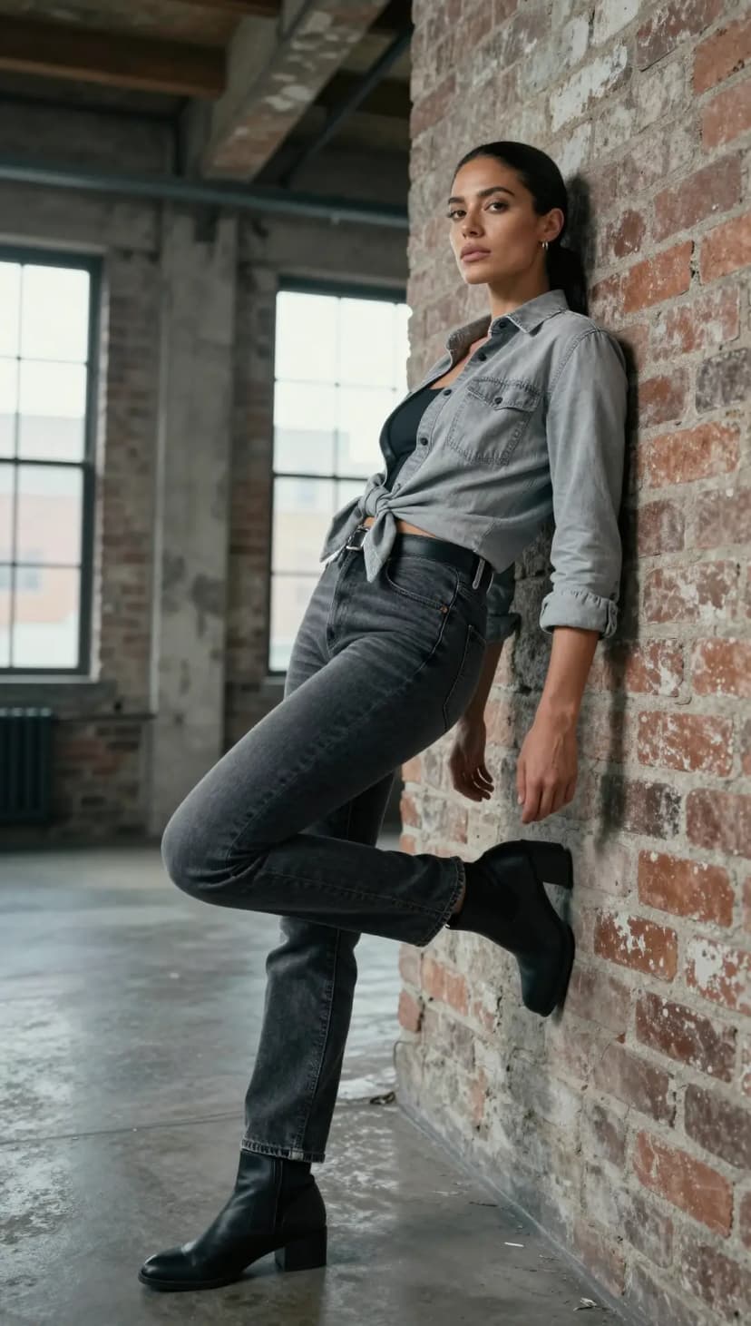 Grey Denim Shirt + Black Bralette + Charcoal Denim Jeans + Black Leather Boots