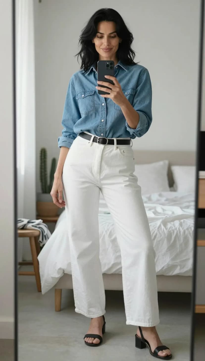 Blue Denim Shirt + White Wide-Leg Jeans + Black Block Heel Sandals