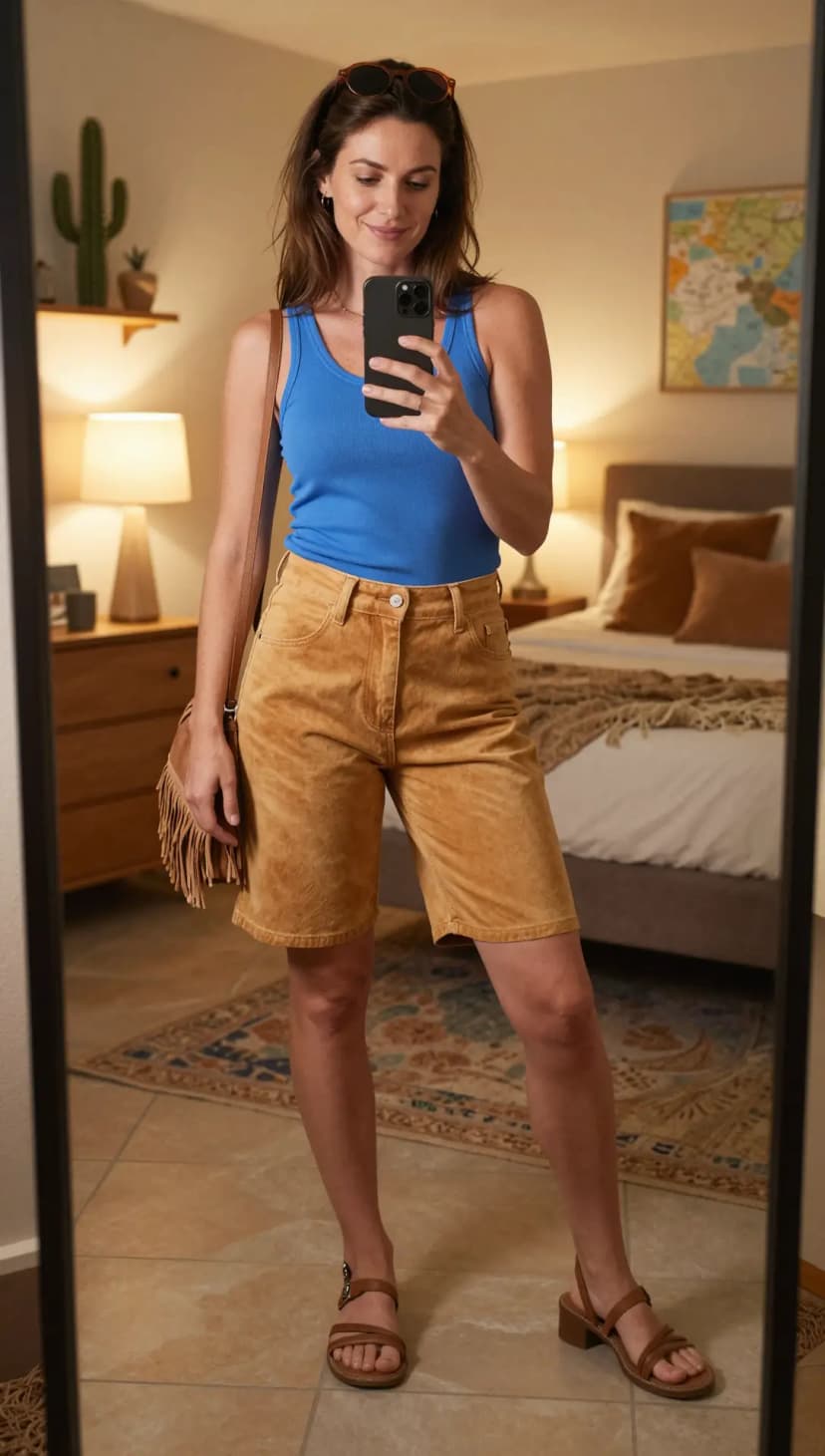 Royal Blue Ribbed Tank Top + Tan Suede Bermuda Shorts + Brown Leather Block Heel Sandals