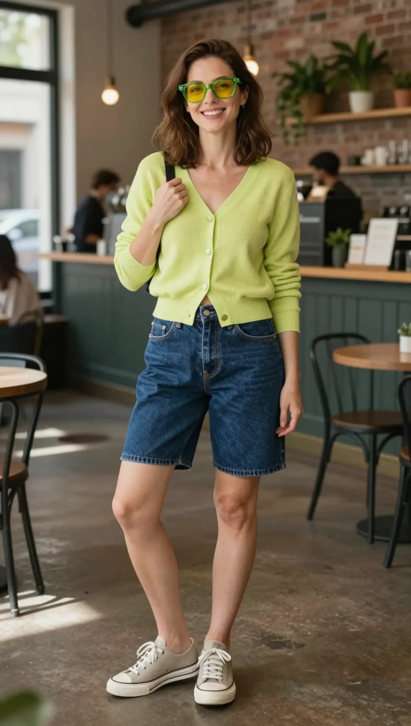 Olive Knit Tank + Olive Knit Cardigan + Light Wash Denim Cut-Off Shorts