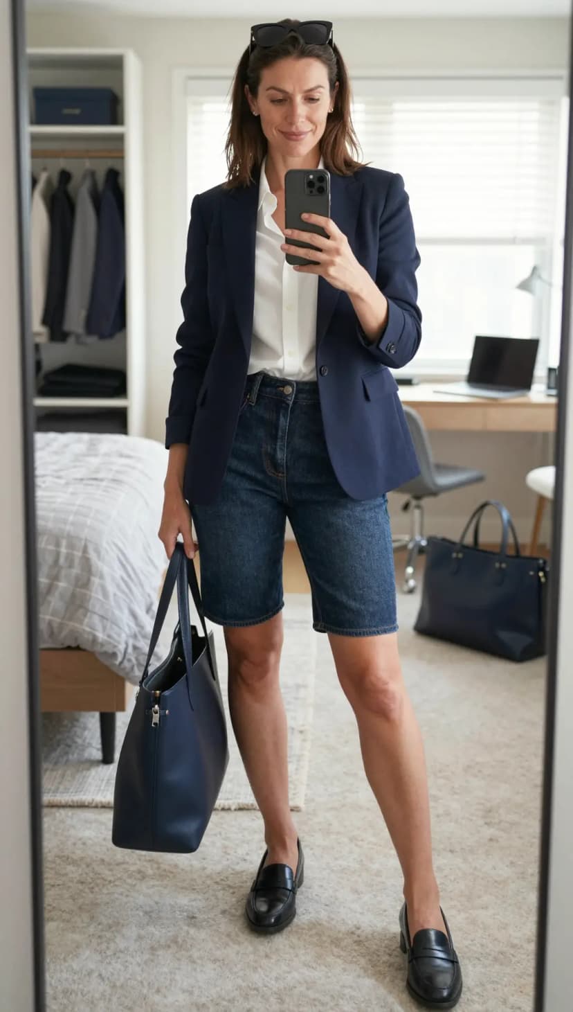 Tan Linen Vest + Tan Washed Denim Shorts + Brown Leather Crossbody Bag