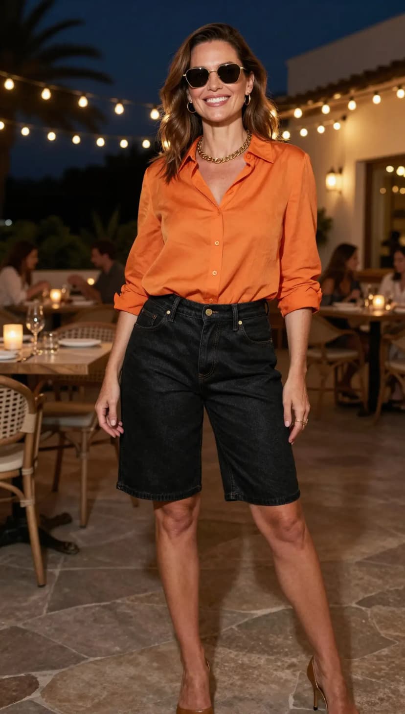 Grey Sheer Button-Up Shirt + Dark Wash Denim Shorts + Silver Ballet Flats