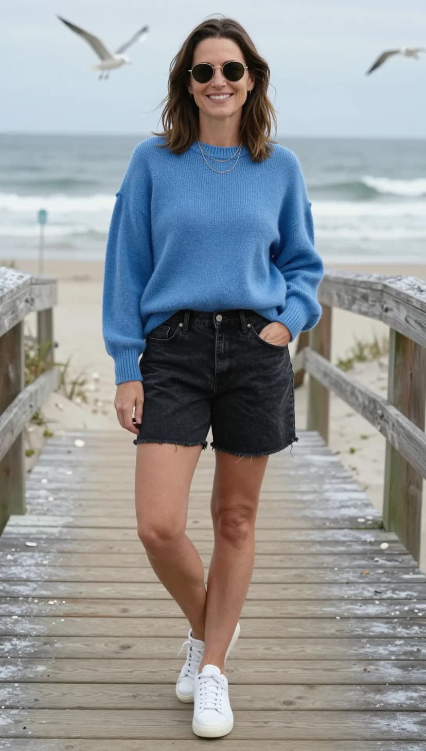 White Linen Blouse + Blue Denim Cut-off Shorts + Tan Woven Sandals