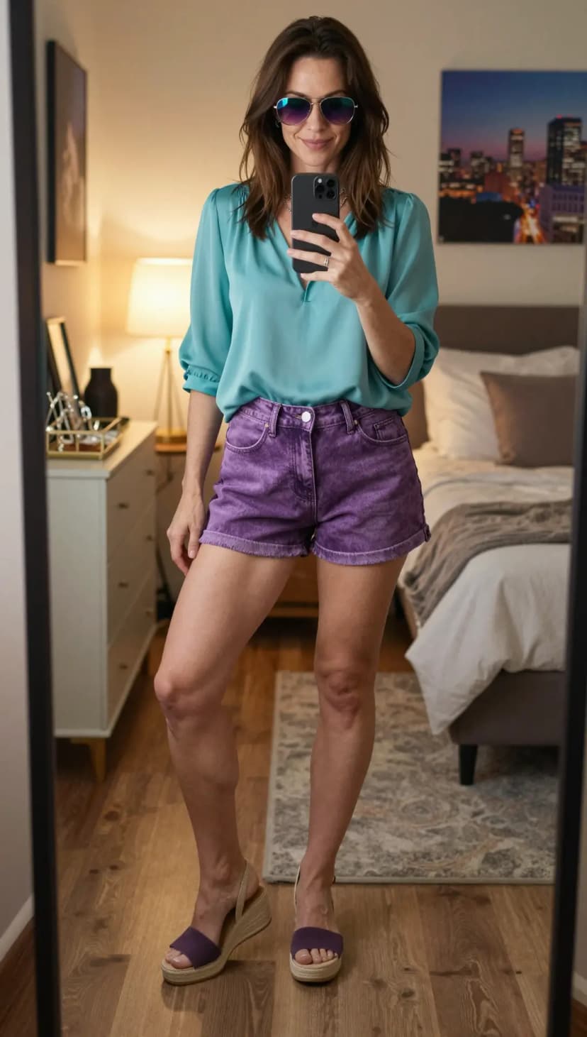 Purple Ruffle Off-the-Shoulder Top + Light Wash Denim Bermuda Shorts + Brown Leather Slides