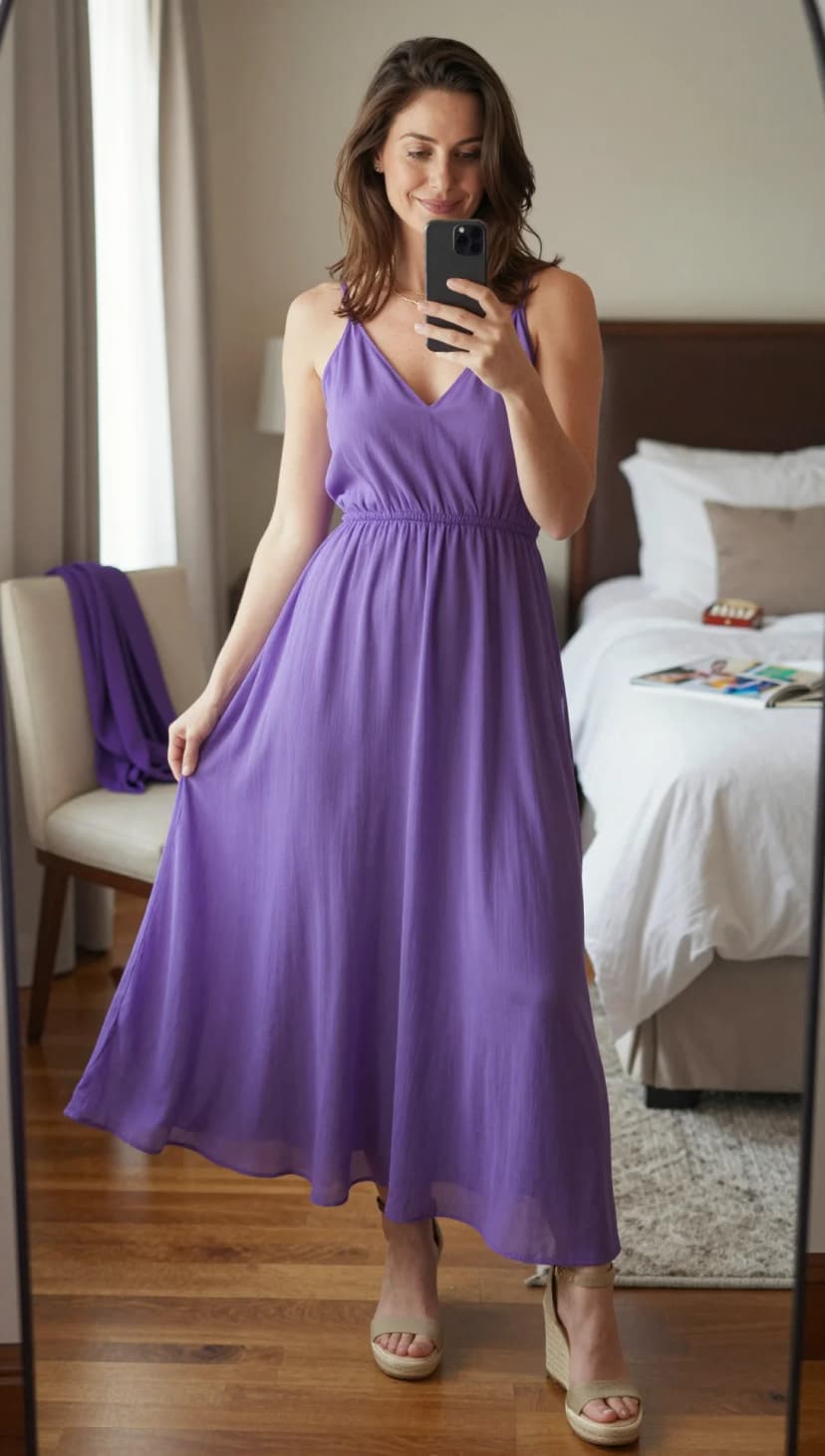 Purple Gauze Maxi Dress + Tan Espadrille Wedges