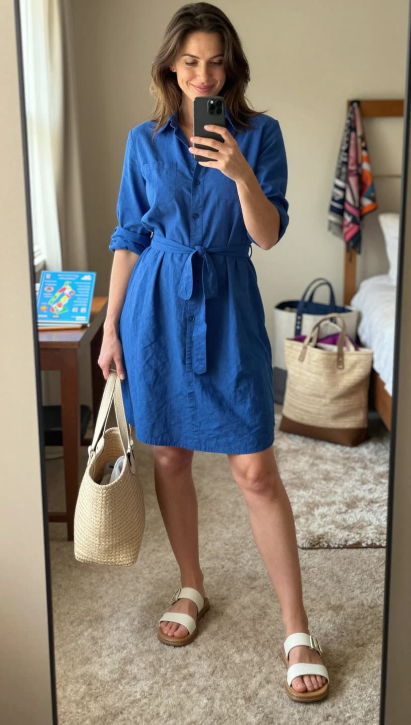 Cobalt Linen Shirt Dress + White Leather Slide Sandals + Straw Tote Bag