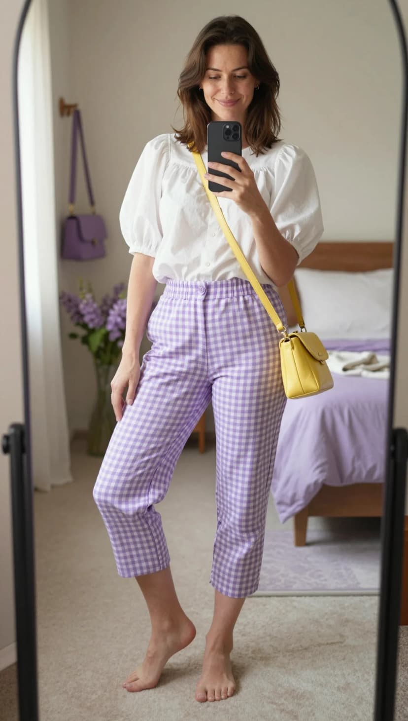 White Cotton Puff Sleeve Blouse + Lavender Gingham Cropped Trousers + Yellow Leather Crossbody Bag