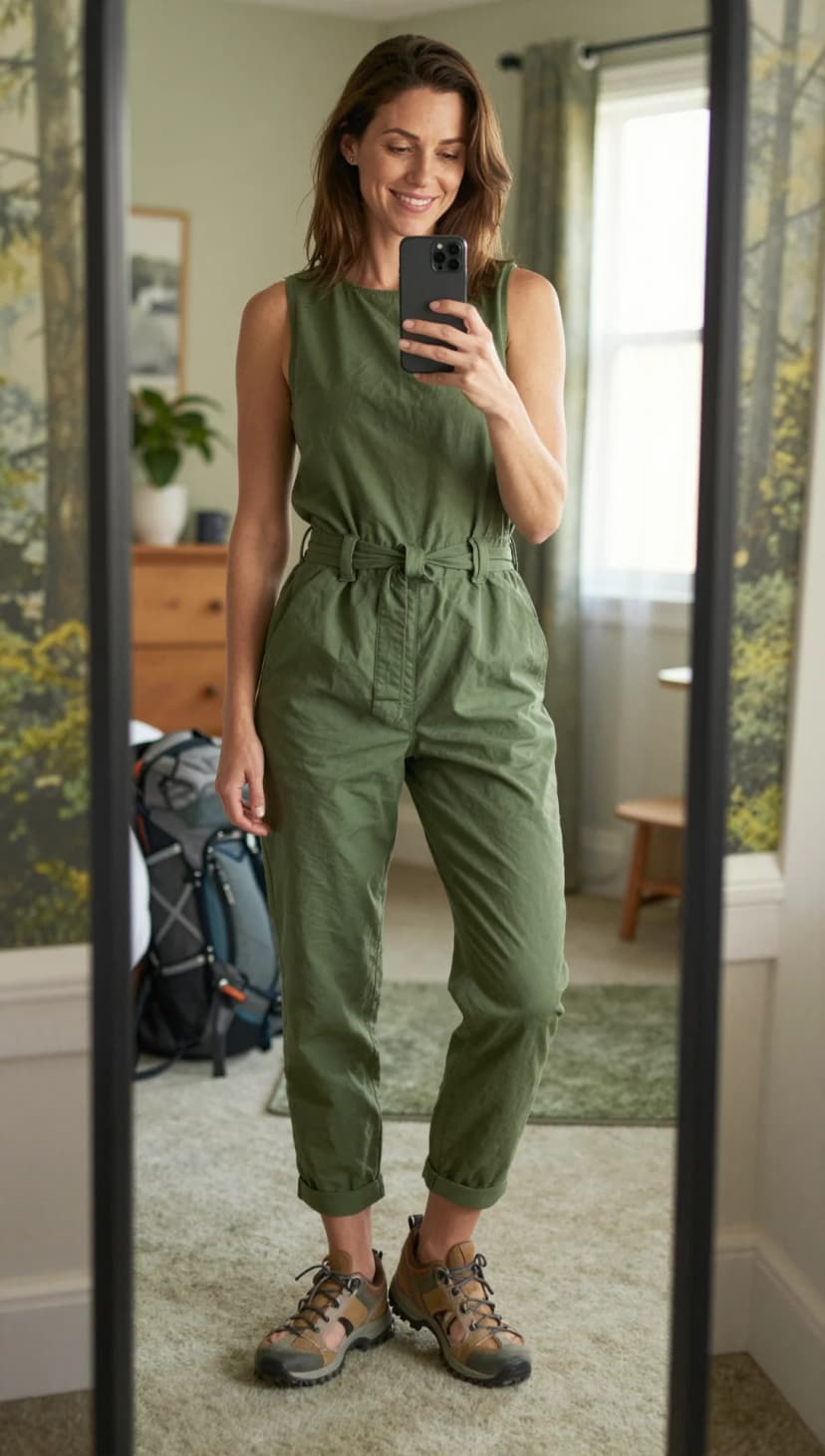 Olive Green Cotton Jumpsuit + Brown Hiking Boots
