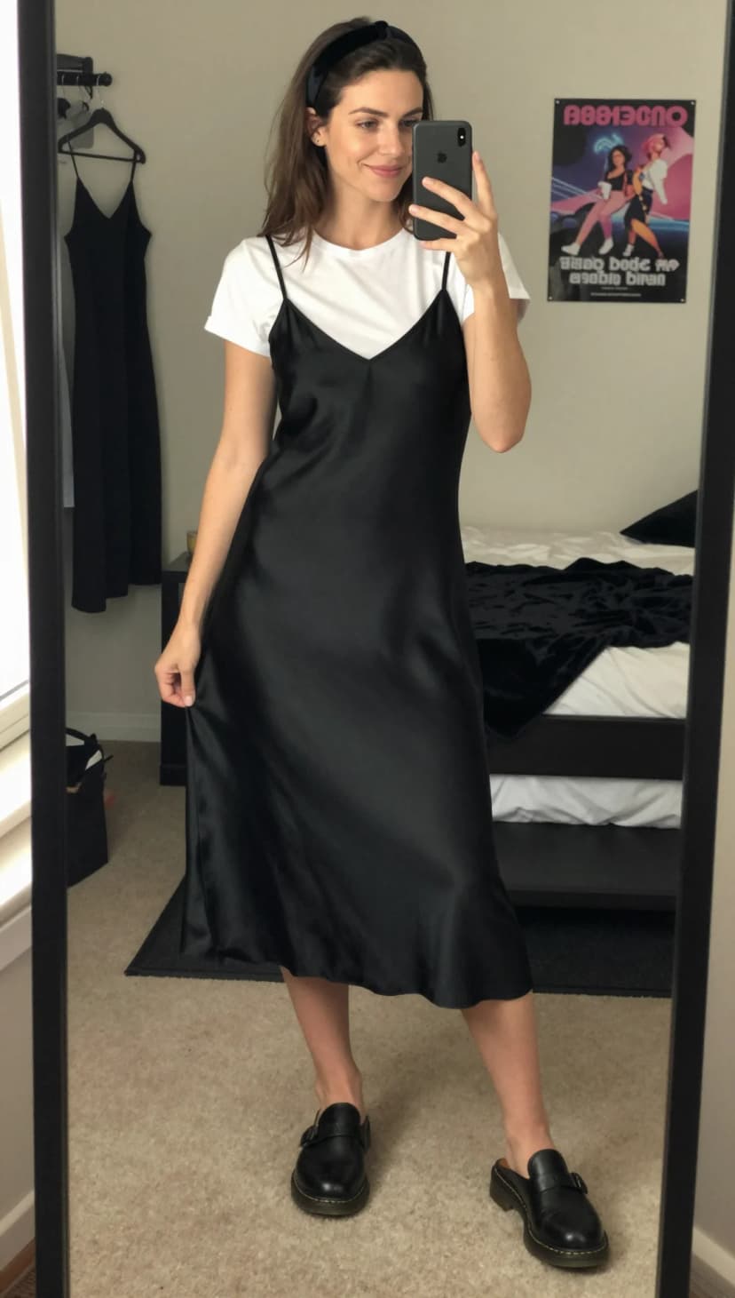 White Cotton T-Shirt + Black Satin Slip Dress + Black Leather Loafers
